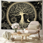 Tapisserie Murale Arbre de Vie - Tenture Bohème Mystique, Décoration Murale Spirituelle Soleil & Lune