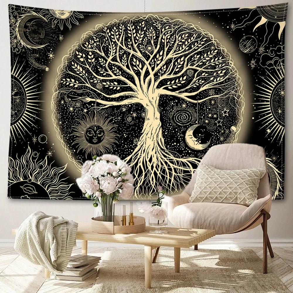 Tapisserie Murale Arbre de Vie - Tenture Bohème Mystique, Décoration Murale Spirituelle Soleil & Lune