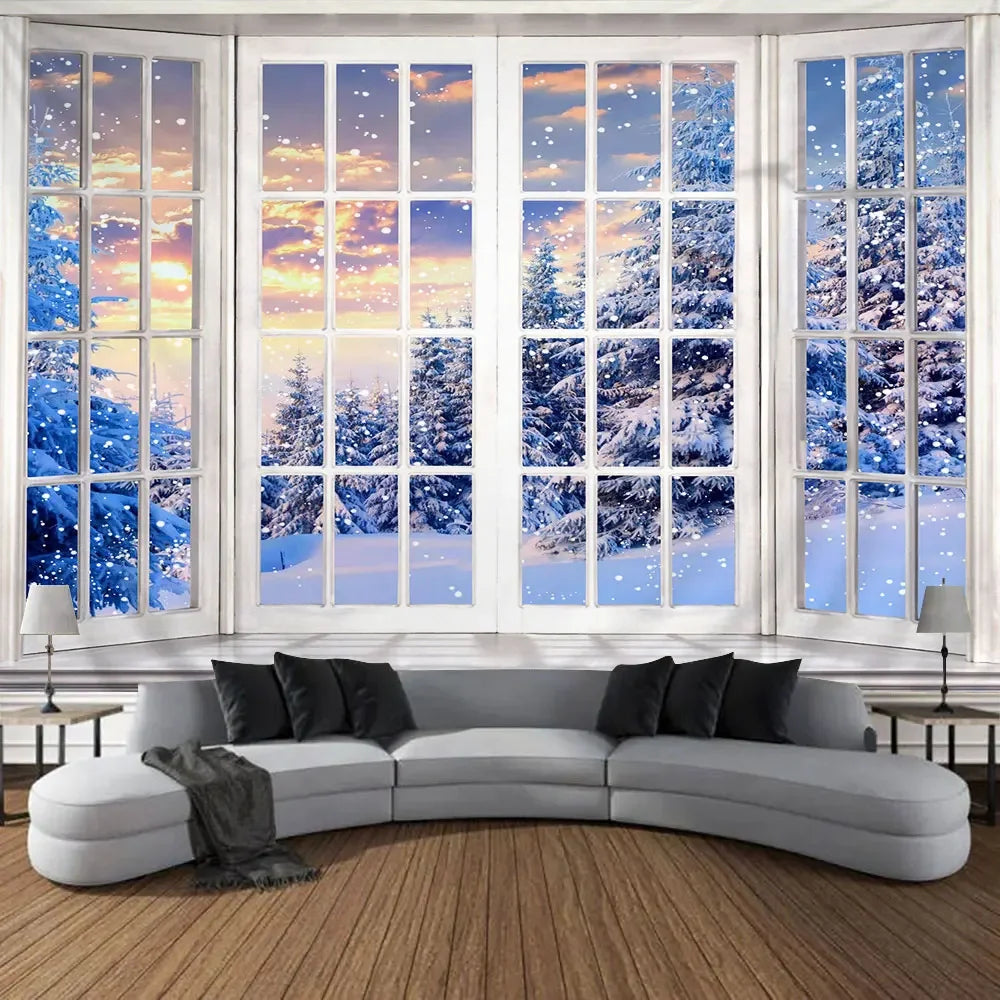 Tapisserie Murale Noël - Fenêtre Enneigée, Sapin & Décor Festif