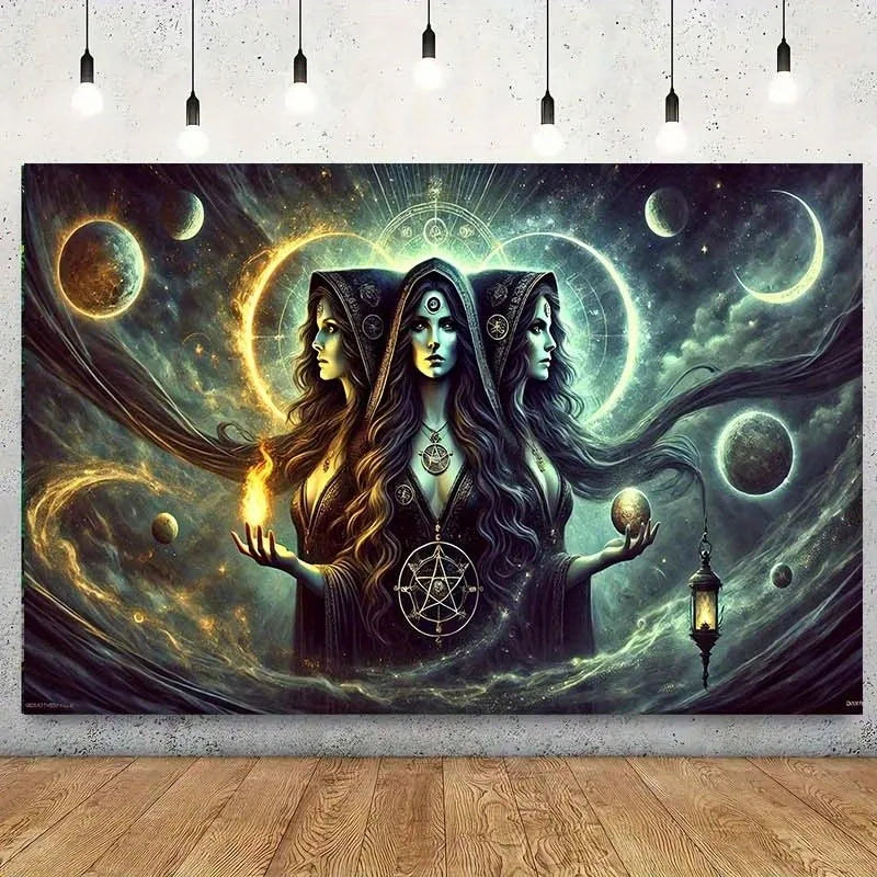 Tapisserie Murale Sorcière Triple Déesse - Art Ésotérique & Mystique, Décoration Occulte & Spirituelle
