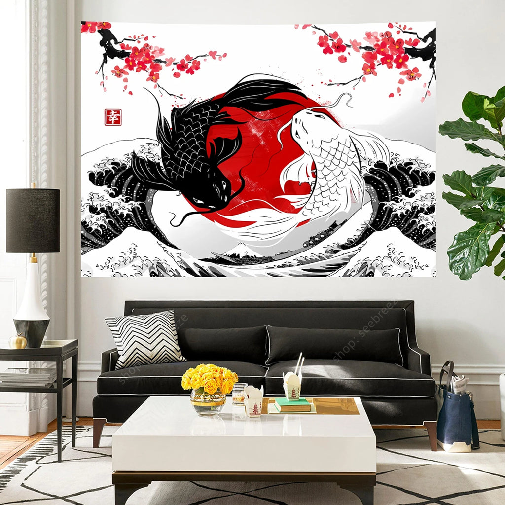 Tapisserie Murale Japonaise Koi Yin Yang - Décoration Zen, Carpes Rouge & Noir