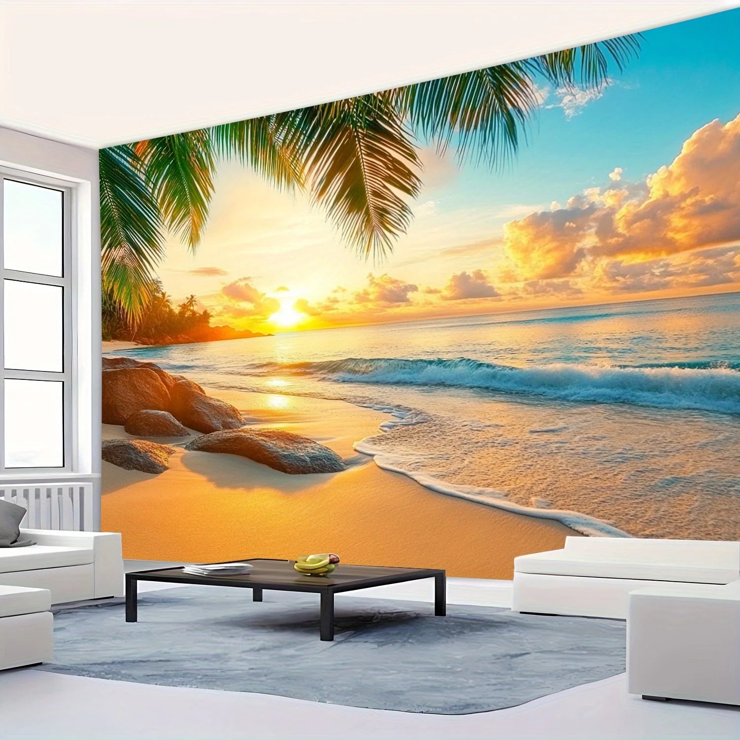 Tapisserie Murale Plage Tropicale au Coucher du Soleil - Décoration Paradisiaque