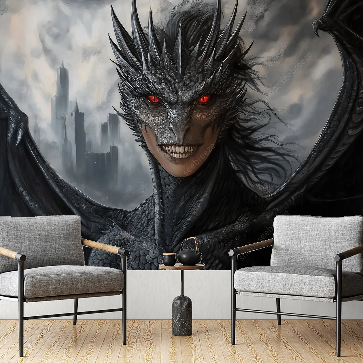 Tapisserie Murale Dragon Noir - Créature Fantastique & Décor Dark Fantasy