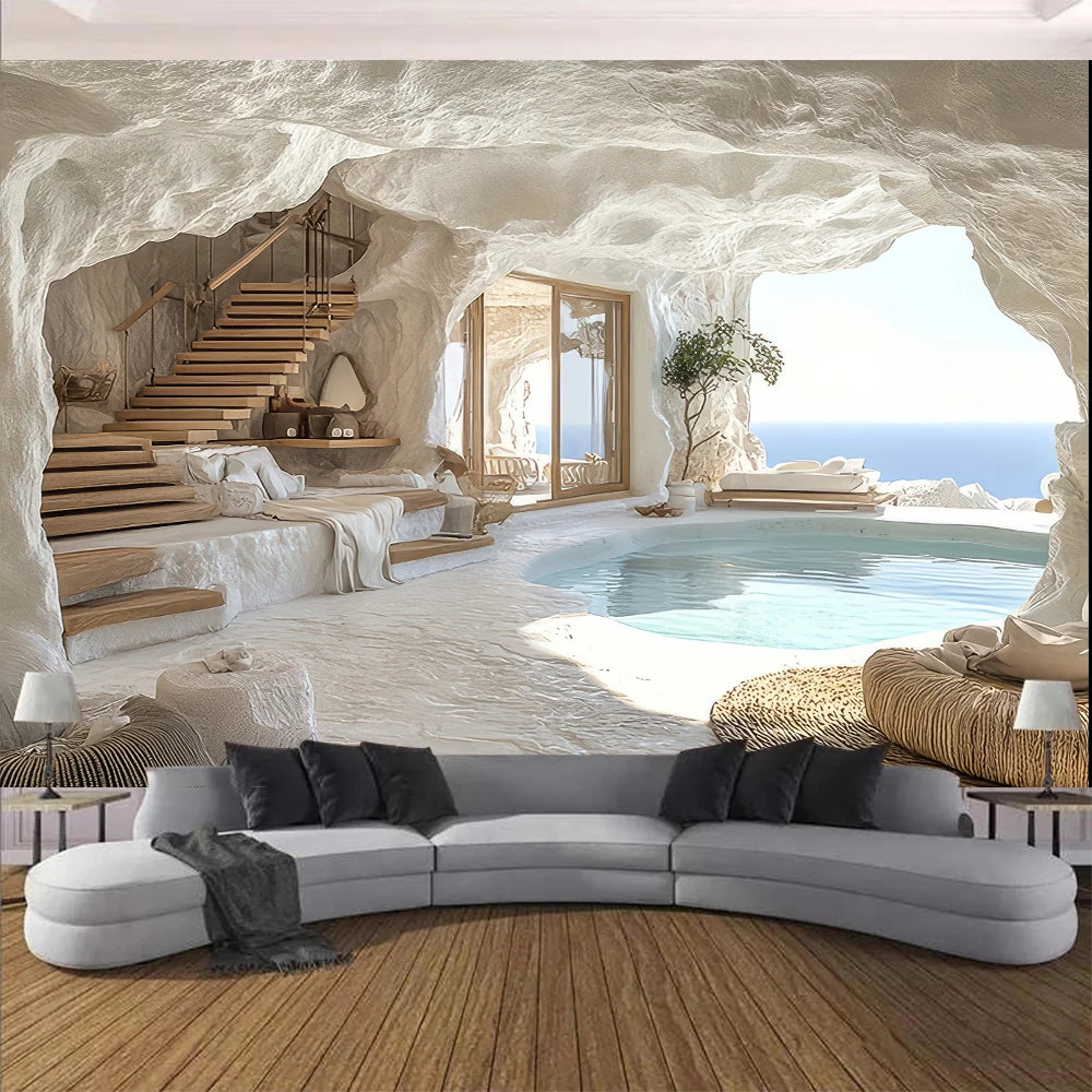 Tapisserie Murale Grotte Méditerranéenne - Piscine & Vue Mer - Trompe-l'Oeil Luxueux