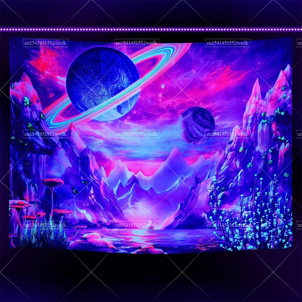 Tapisserie Murale Cosmos Néon - Planète à Anneaux & Paysage Futuriste