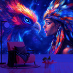 Tapisserie Murale Femme & Oiseau Mythique - Tenture Fantasy Galactique, Décoration Murale Néon