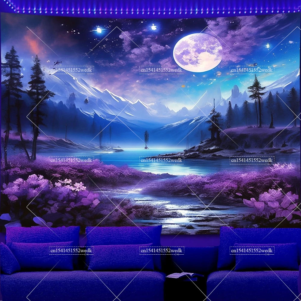 Tapisserie Murale Cosmos Néon - Planète à Anneaux & Paysage Futuriste