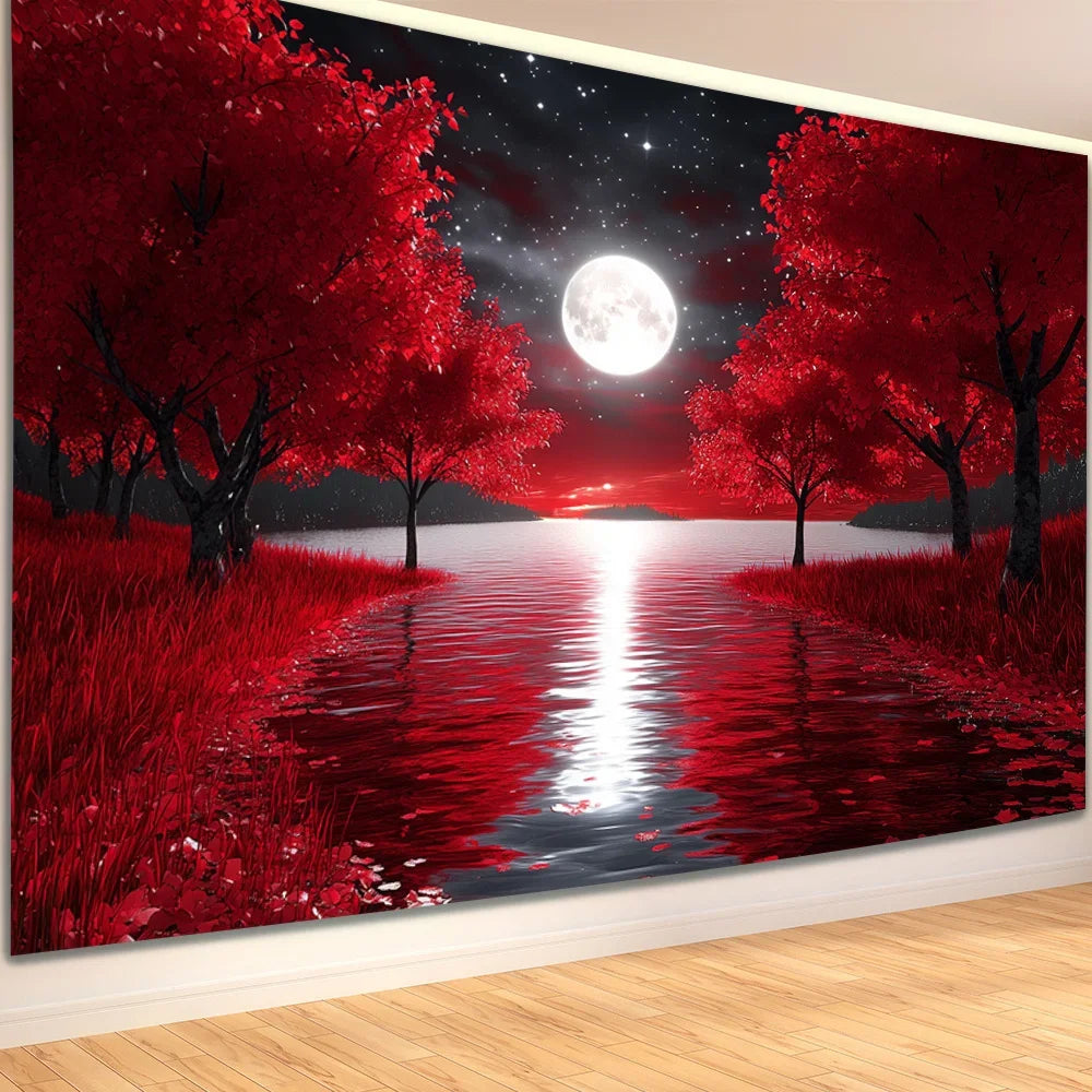 Tapisserie Murale Forêt Rouge & Lune - Paysage Nocturne Mystique