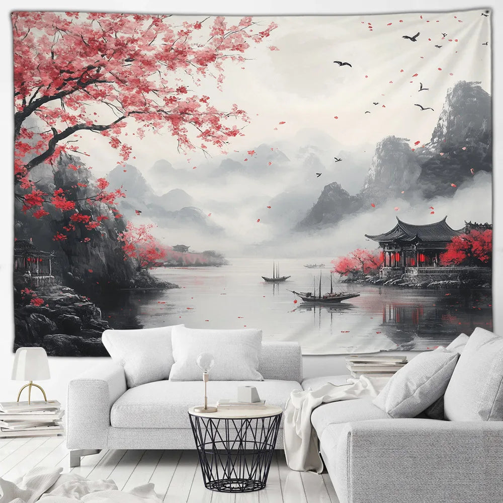 Tapisserie Japonaise Sakura - Montagnes & Fleurs de Cerisiers - Décoration Zen